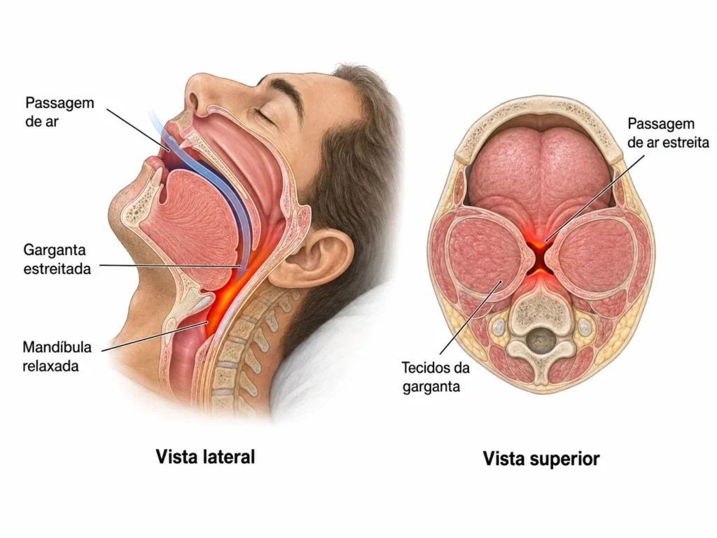 Ilustração das vias respiratórias estreitadas durante o ronco